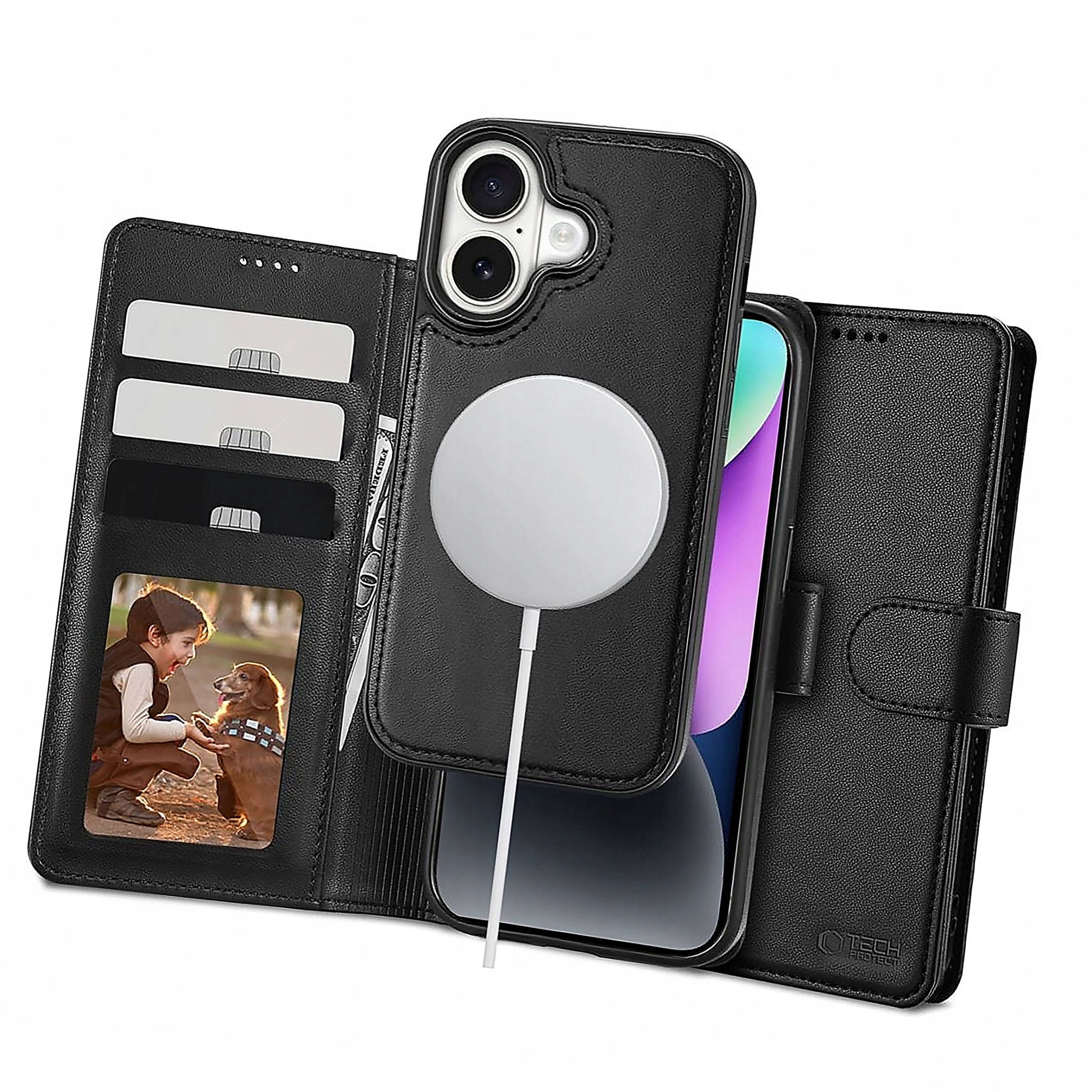 Etui z klapką Tech-Protect Wallet MagSafe z portfelem do iPhone 16 czarne