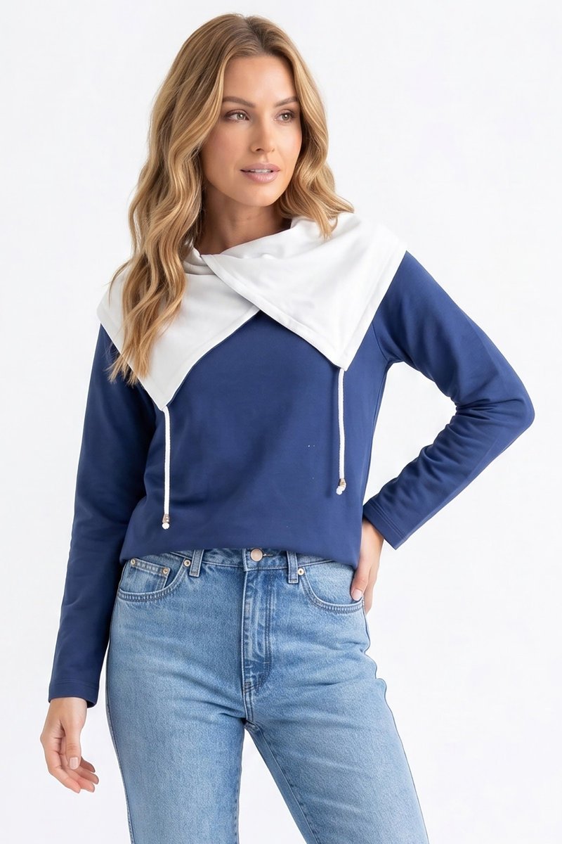 FIGL Bluza M1365 Damska bluza bawełniana bez kaptura z asymetrycznym dekoltem i długim rękawem - M1365, granatowy, XS/S