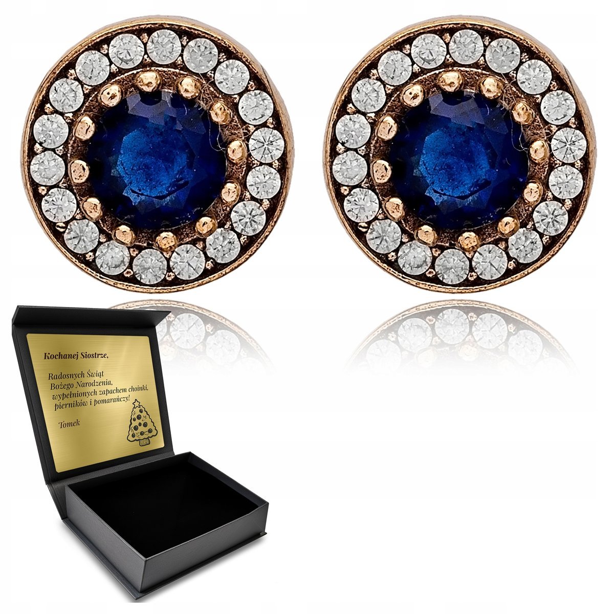 Srebrne Kolczyki Z Cyrkoniami I Szafirem Piękny Kamień Delikatny + Grawer