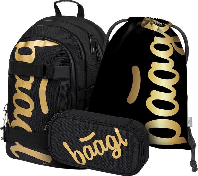 Zestaw plecaków szkolnych Baagl dla chłopców 3 części, tornister od 3 klasy, tornister do szkoły podstawowej z paskiem na klatkę piersiową, ergonomiczny plecak szkolny (Skate Gold)