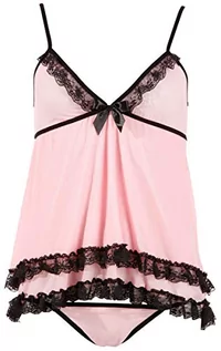 Bielizna nocna - Cottelli Collection Lingerie Babydoll - uwodzicielska Babydoll i stringi dla niego, minisukienka z koronkowymi detalami uwodzicielska partnera, różowa - grafika 1