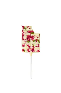Lizak tabliczka z białej czekolady z malinami i pistacjami - Gumy do żucia, lizaki, dropsy - miniaturka - grafika 1