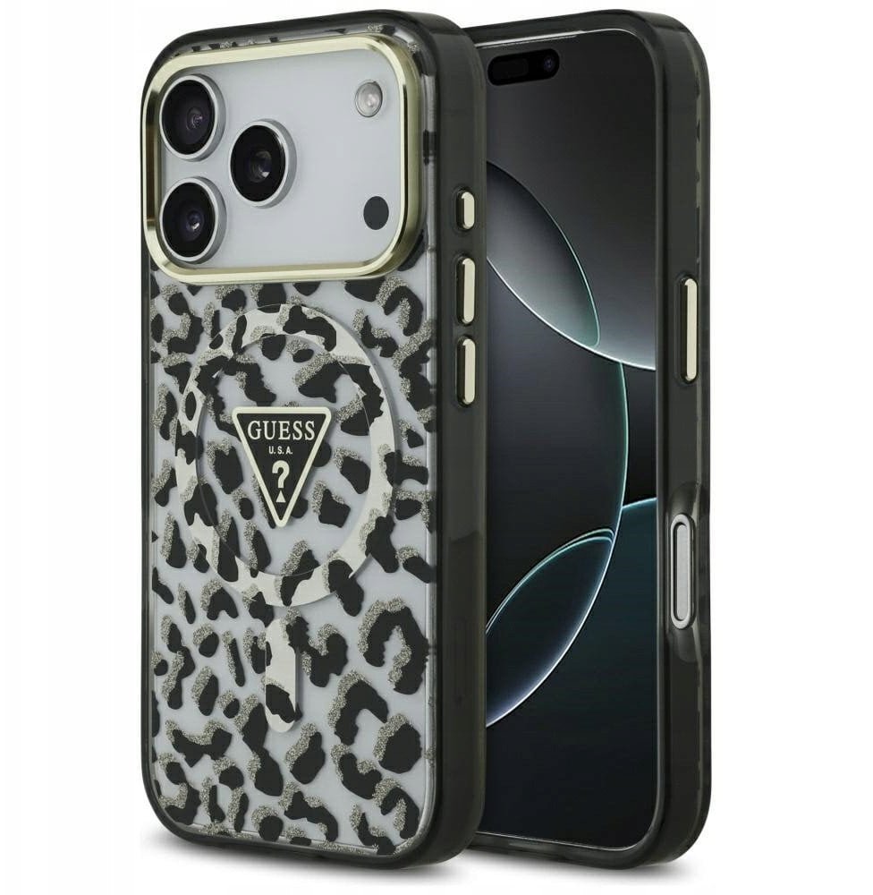 Etui Guess Leopard Glitter MagSafe do iPhone 17 Pro czarny