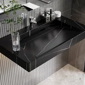 Umywalki - Umywalka podwieszana TAKOTNA z twardego materiału marmuropodobnego w kolorze czarnym – 90,2 × 45,2 × 8 cm (dł. × szer. × wys. - miniaturka - grafika 1