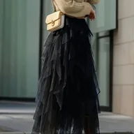 Spódnice - TEMU Damska asymetryczna spódnica warstwowa - Lekki falbankowy dołek, wysoki stan, zwiewny krój, idealna do stylizacji casualowych lub eleganckich, - miniaturka - grafika 1