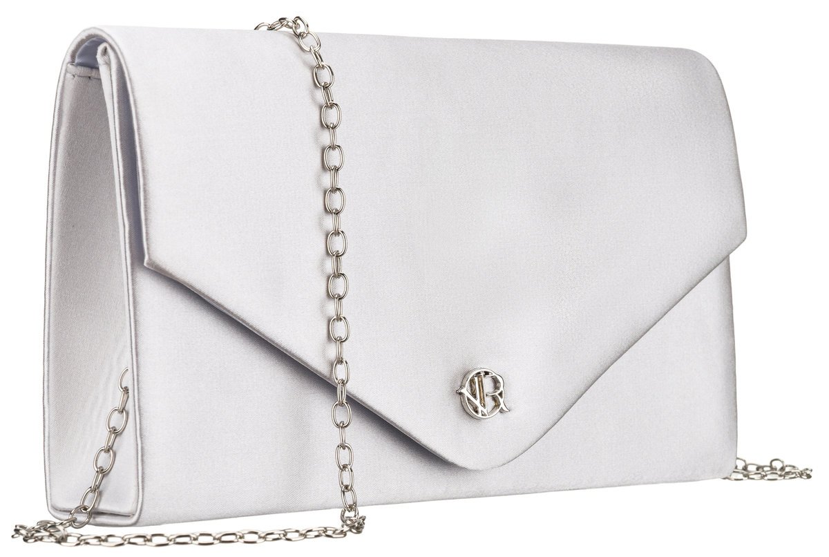 Wieczorowa torebka damska ROVICKY klasyczna kopertówka na łańcuszku mała elegancka brokatowa do ręki lub na ramię srebrna brokatowa