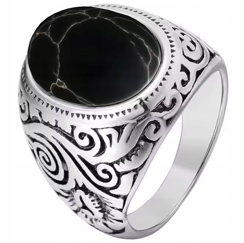 Srebrny Sygnet z Dużym Czarnym Howlitem Howlit Okrągły Stal Szlachetna