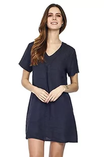 Bonateks Damska sukienka 100% lniana Made in Italy, Krótki rękaw plisowany z przodu, granatowa, rozmiar: S, granatowy, S - Sukienki - miniaturka - grafika 1