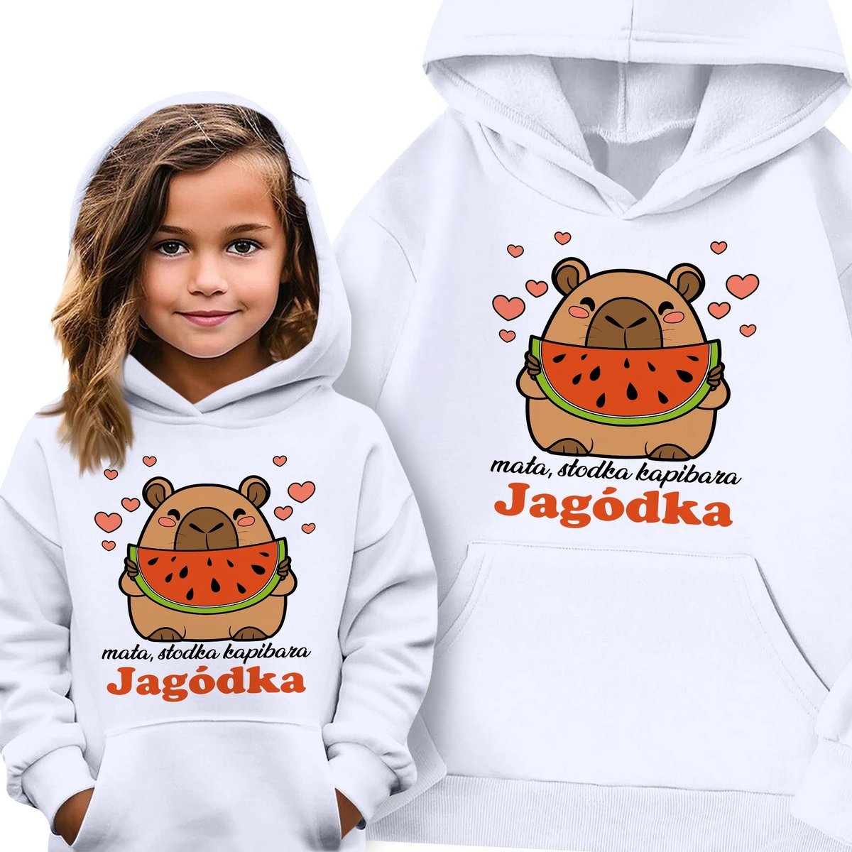 BLUZA DZIECIĘCA Z KAPTUREM BIAŁA PREZENT KAPIBARA Z ARBUZEM IMIE ROZM 140