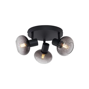 QAZQA Nowoczesny sufitowy reflektor LED czarny z okrągłym dymionym szkłem 3-punktowy - Teddy - Lampy sufitowe - miniaturka - grafika 1