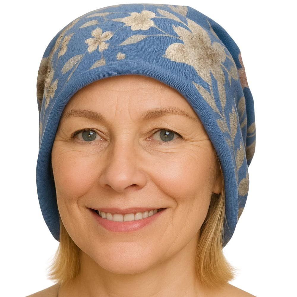 Czapka Damska Beanie Włoska Cienka Smerfetka Niebieska Kwiatowa