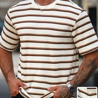 Koszulki męskie - TEMU Męska Koszulka Letnia z Krótkim Rękawem - Casualowa Koszulka w Paski z Okrągłym Dekoltem, Pionowe Paski, Poziomy Kołnierz i Żebrowany Dołek - - miniaturka - grafika 1