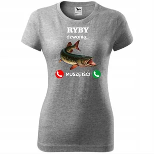 Damska Koszulka z Nadrukiem Ryby Dzwonią Muszę Iść Prezent dla Wędkarki ciemnoszary melanż S - Koszulki i topy damskie Damska Koszulka z Nadrukiem Ryby Dzwonią Muszę Iść Prezent dla Wędkarki ciemnoszary melanż S - Koszulki i topy damskie - miniaturka - grafika 1