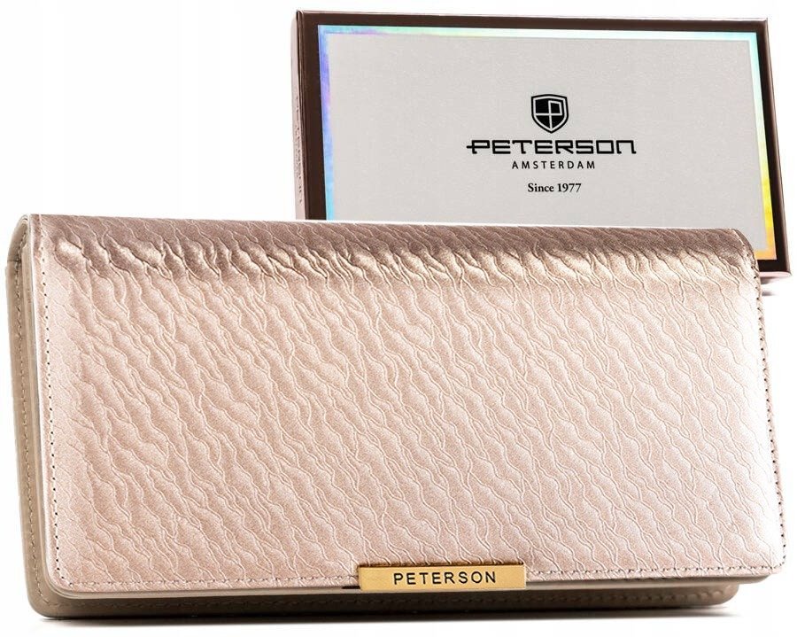 Elegancki portfel damski PETERSON duży na karty i gotówkę zatrzask i suwak rfid stop beżowy