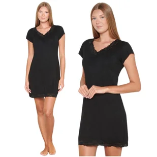 KOSZULA NOCNA DAMSKA MORELLA CZARNA Z WISKOZY WISKOZA ELEGANCKA Z KORONKĄ SEXY WYGODNA KRÓTKA LETNIA KRÓTKI RĘKAW XL - Bielizna nocna - miniaturka - grafika 1