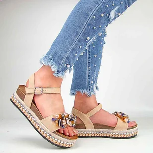 S.Barski HY056 sandały damskie na koturnie+platforma beżowe - Sandały damskie - miniaturka - grafika 1