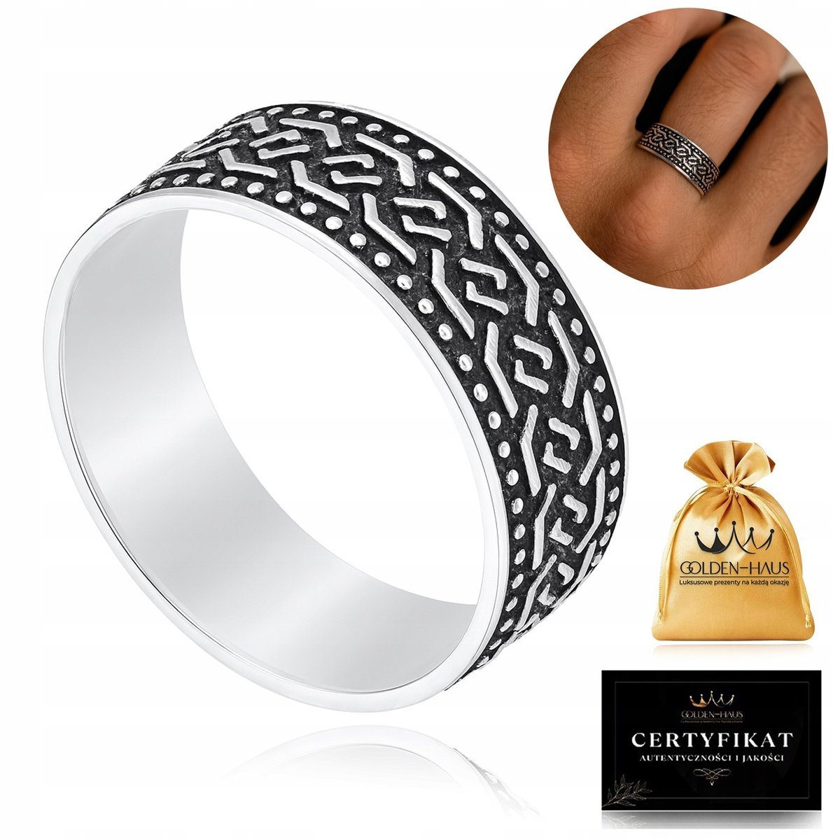 PIERŚCIEŃ MĘSKI, OBRĄCZKA SREBRNA, ORNAMENT, SREBRO PRÓBA 925 ROZMIAR 27