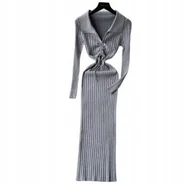 Bluzki damskie - MAXI SUKIENKA DAMSKA PRĄŻKOWANA DŁUGIE RĘKAWY WIĄZANIE SZNUREK SZARA - miniaturka - grafika 1