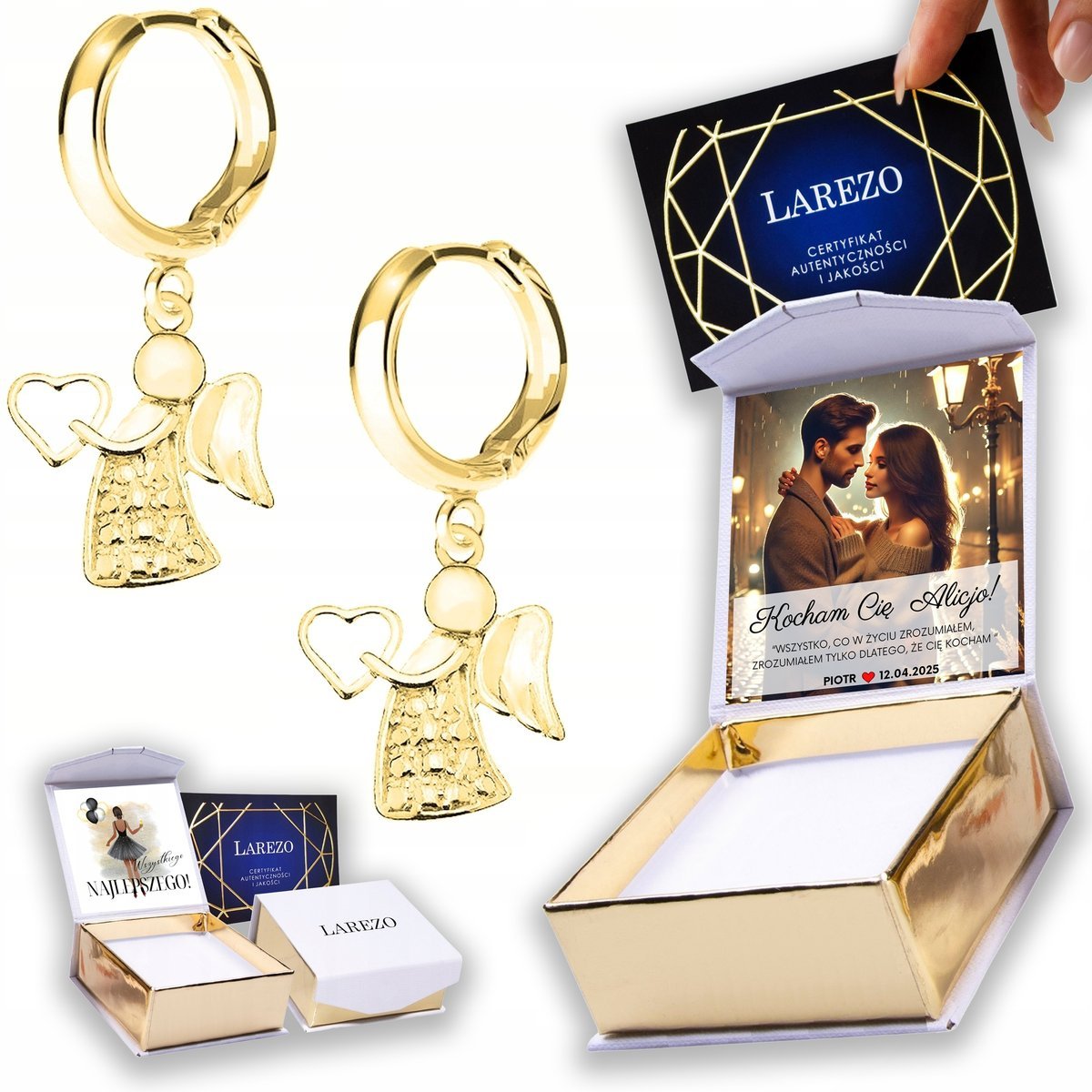 Złote Kolczyki 925 Serca z Aniołami Anioły Aniołki Anioł Stróż NADRUK