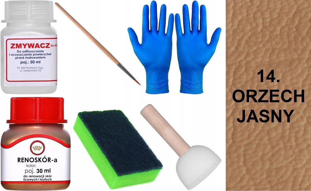 ORZECH JASNY 14 Renoskór ZESTAW DO RENOWACJI SKÓRY LICOWEJ Farba + Zmywacz