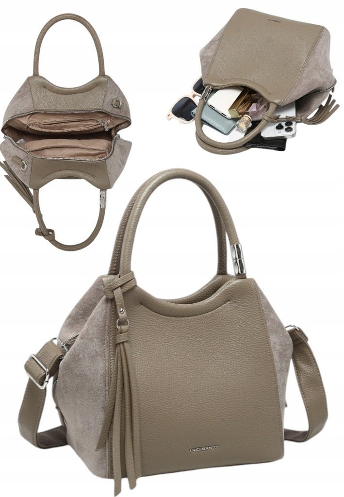 Stylowa Torebka Torba Damska Do Ręki Dopinany Pasek LUIGISANTO HS222-1Taupe