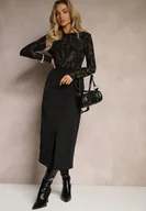 Spódnice - Czarna Spódnica Ołówkowa z Wiskozą High Waist z Rozcięciem Semivinia - miniaturka - grafika 1