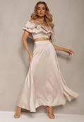 Komplety damskie - Beżowy Komplet Długa Spódnica Rozkloszowana z Rozcięciem na Boku oraz Bluzka Hiszpanka Virera - miniaturka - grafika 1