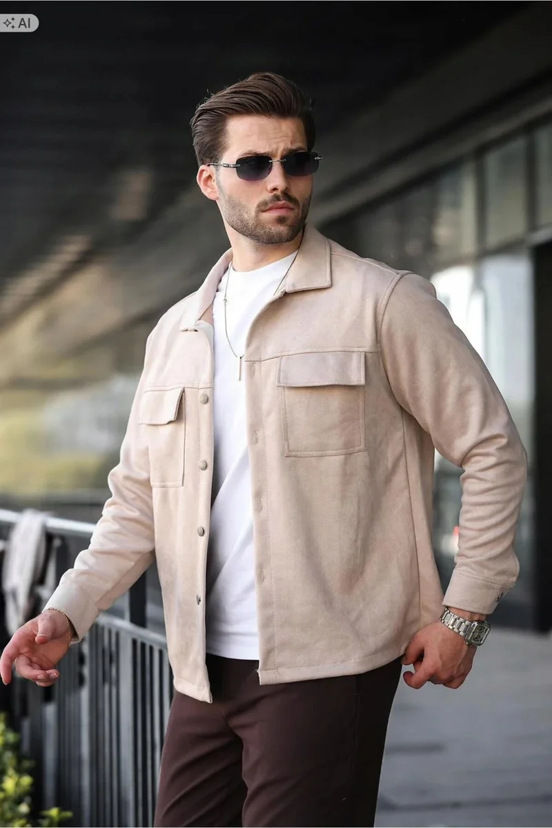 MĘSKA KURTKA ZAMSZOWA BEŻOWA Z KIESZENIAMI ELEGANCKA XL 5IA