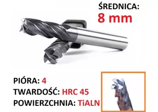 Frez węglik VHM 4p 8 mm chwyt 8mm TiAlN 45HRC CNC - Frezy - miniaturka - grafika 1