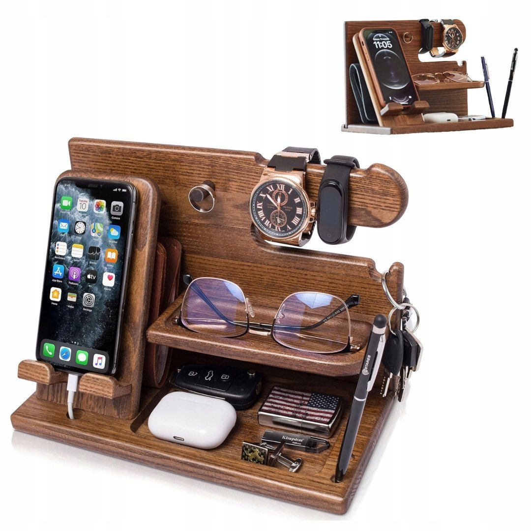 Drewniana stacja dokująca na telefon, stojak na portfel i zegarki Organizer