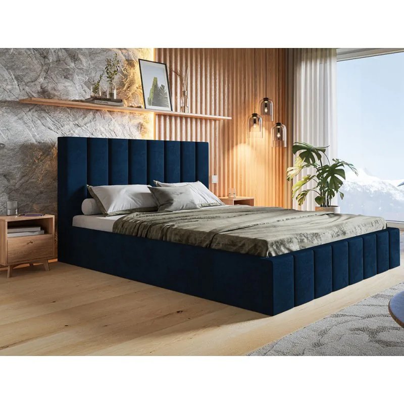 Łóżko tapicerowane SIM 10 z wezgłowiem, 160x200 cm, łóżko podwójne z podstawą łóżka i stelażem z listew drewnianych, tkanina welurowa, kolor: niebieski