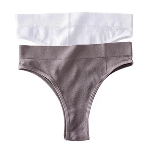 Stringi z wysokim stanem 2 szt. - Szary + biały L/XL - Majtki damskie - miniaturka - grafika 1