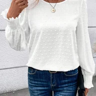 Koszule damskie - TEMU Bluzka Damska z Eleganckim Długim Rękawem i Okrągłym Dekoltem - Biała, Jednokolorowa, Regularny Krój, Możliwość Prania w Pralce, Wszechsezonowy - miniaturka - grafika 1