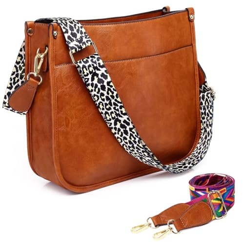 AUYOCO Wegańska skórzana torebka crossbody dla kobiet, torebka crossbody z paskiem gitarowym, kieszenie zapinane na zamek błyskawiczny, torebka na ramię, A-brązowy (w tym dwa paski), 12.2