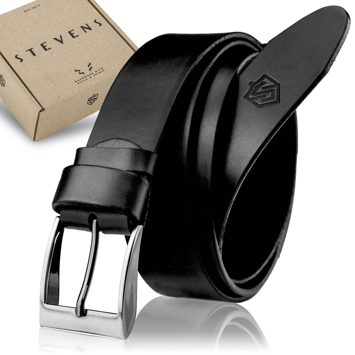 Skórzany Pasek Męski STEVENS Skóra Licowa Super Jakość Szeroki 4cm Czarny-110cm