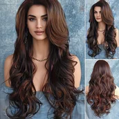 Pozostałe akcesoria fryzjerskie - TEMU Elegancka Peruka z Długimi Falami i Przekładką Odporna na Ciepło - Syntetyczne Włókno, Różowa Siatka, Naturalny Wygląd na Imprezy i Wydarzenia, - miniaturka - grafika 1