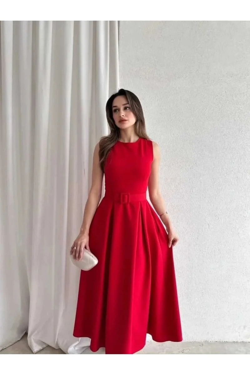 ELEGANCKA CZERWONA SUKIENKA MIDI ROZKLOSZOWANA Z PASKIEM XL 5IA