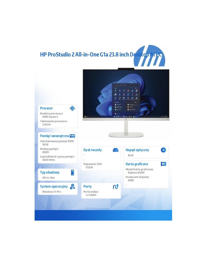 hp inc. Komputer All-in-One ProStudio 2 G2a R5-40 512GB/16GB/W11P/23.8 D35F2ET D35F2ET#AKD