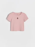 Bluzki dla niemowląt - Reserved - Prążkowany t-shirt z haftem - pastelowy róż - miniaturka - grafika 1