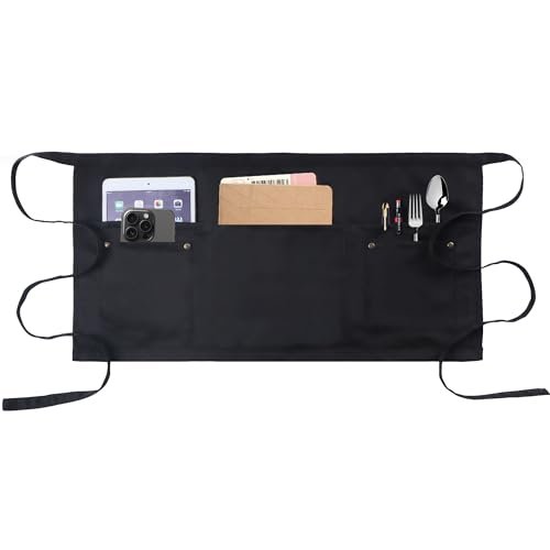 MIKI WELL Fartuch serwerowy z 5 kieszeniami - odporny na krople wody kelnerka talia krótki fartuch, czarny, jeden rozmiar