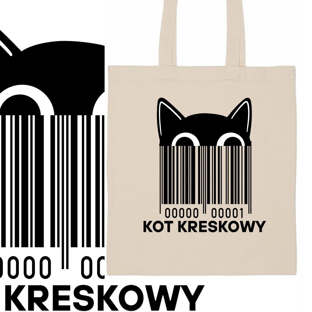 TORBA ECO BAWEŁNIANA NA ZAKUPY NA PLAŻĘ NA RAMIĘ Z NADRUKIEM KOT KRESKOWY