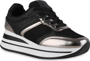 VAN HILL damskie trampki na platformie metaliczne sznurowane buty z brokatową podeszwą 840910, Kolor: Czarny brąz metaliczny, Rozmiar: 38 - Trampki damskie - miniaturka - grafika 1