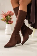 Kozaki damskie - Czekoladowe kozaki damskie Sergio Leone na niskim obcasie z elastyczną cholewką PA787 - miniaturka - grafika 1