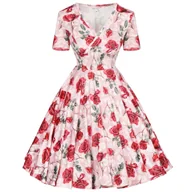 Sukienki - Sukienka PIN UP beżowa w czerwone róże kwiaty na komunie chrzest wesele - miniaturka - grafika 1