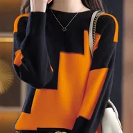 Swetry damskie - TEMU Sweter Damski z Kolorowym Blokiem – Czarno-Pomarańczowy Wzór Geometryczny, Okrągły Dekolt, Casualowa Bluzka na Każdą Porę Roku, Rękaw Długi, - miniaturka - grafika 1