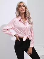 Koszule damskie - Clotth Damska koszula satynowa w leopard, koszula z długim rękawem z satynowego jedwabiu Button Down Shirt, Różowy-XXL, XXL - miniaturka - grafika 1