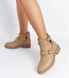 Beżowe botki z wycięciem i perełkami Asker-40 - Botki damskie - miniaturka - grafika 1