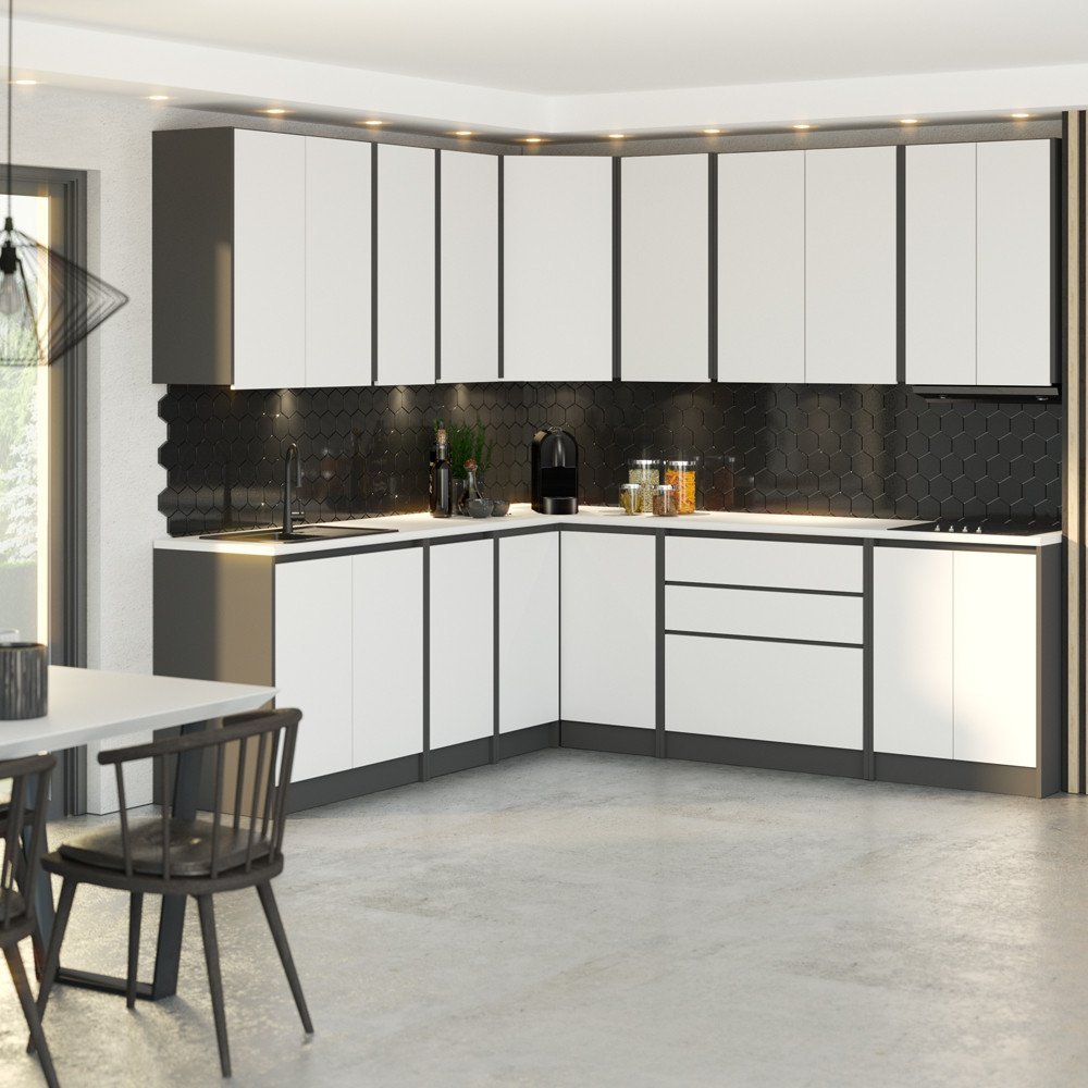 Meble Kuchenne Modułowe Komplet 2.6m Bella Nowoczesny Szary Biała Mat