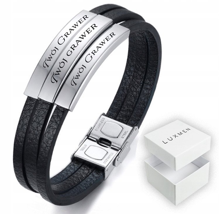 Bransoletka Męska Z Grawerem Skórzana Srebrna Stal