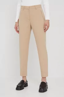 Spodnie damskie - Calvin Klein spodnie z domieszką wełny damskie kolor beżowy proste high waist - grafika 1